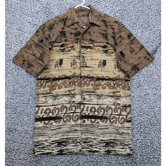 Y2K No Boundaries Hawaiian Button Up Shirt Mens S Tiki Boho Beachy Artsy Brown - Picture 1 of 12